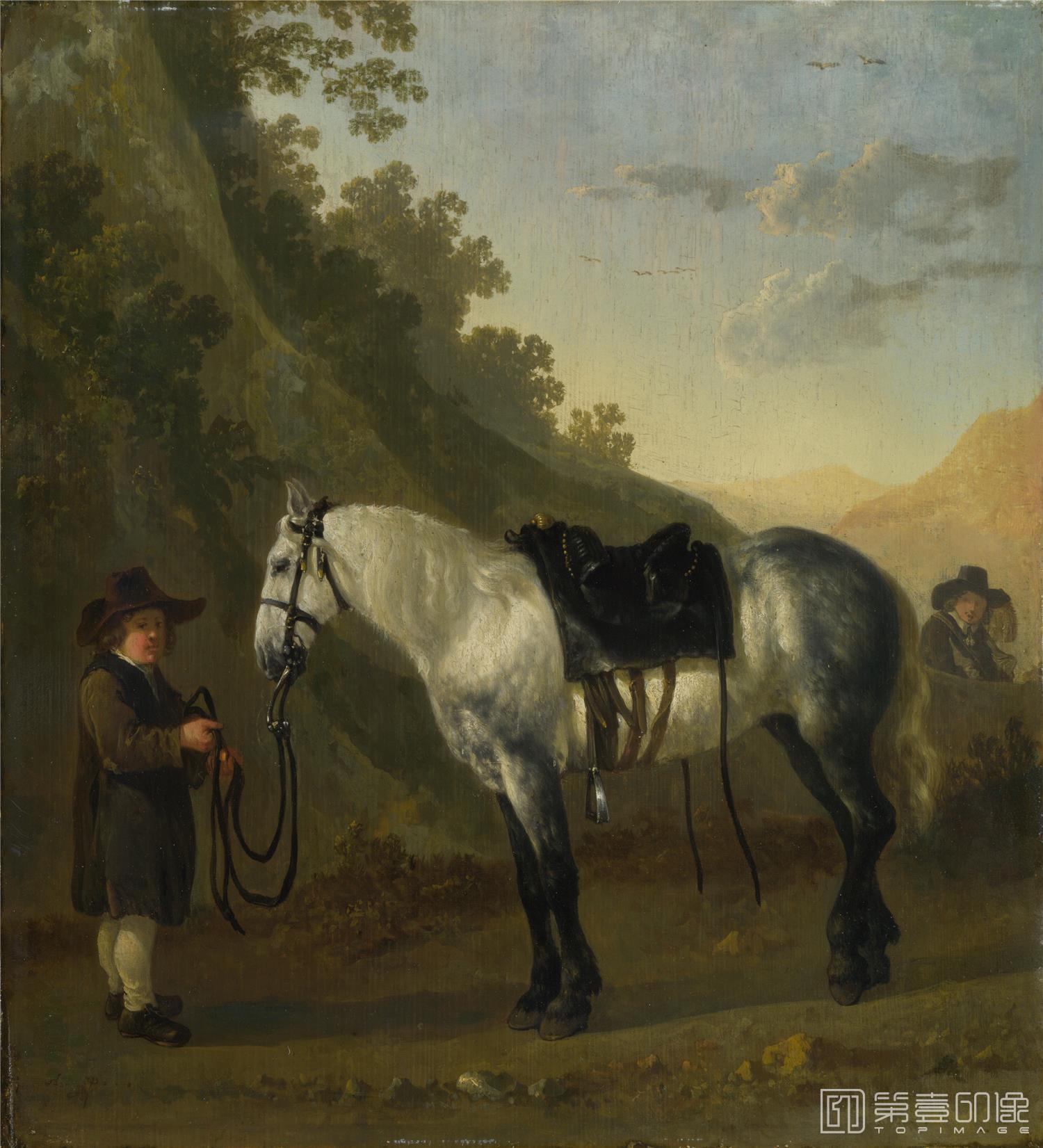 油画-大英博物馆藏画-Abraham van Calraet - A Boy holding a Grey Horse-0005